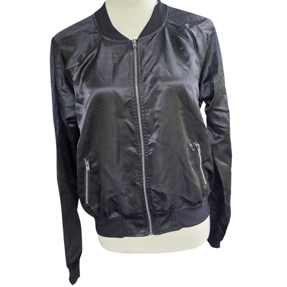 Material Girl Shiny Black Bomber Full Zip  Jacket Size L NWT